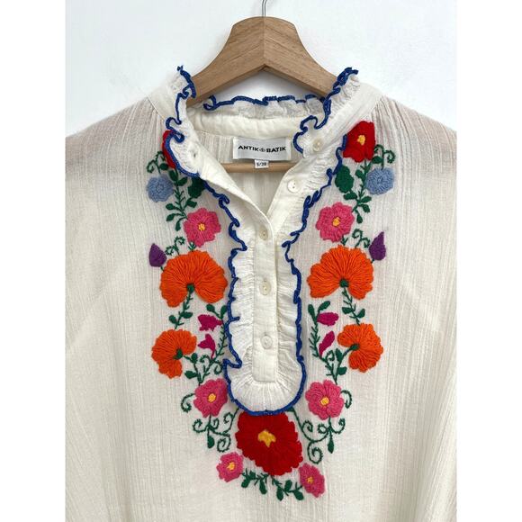 Antik Batik Floral Hand-Embroidered Ruffle Collar Clotilda Crepe Blouse - Small - Picture 6 of 14
